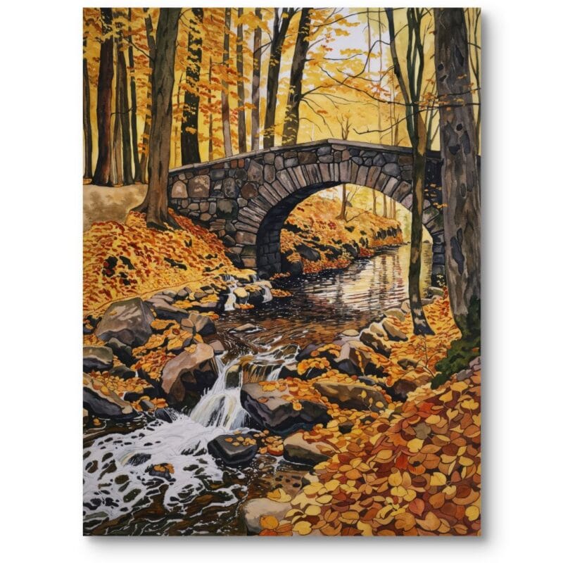 Obraz do salonu klasyczny jesienny krajobraz kamienny most rzeka rustykalny żółto-pomarańczowy