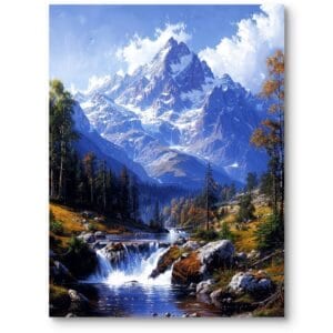 Obraz do salonu klasyczny krajobraz góry wodospad realistyczny niebiesko-zielony