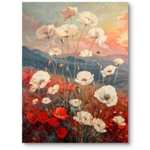 Obraz do salonu klasyczny krajobraz maki i góry biało-czerwony