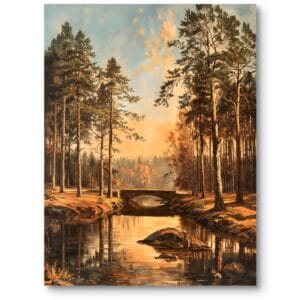 Obraz do salonu klasyczny krajobraz rzeczny jesienny spokój brązowo-zielony