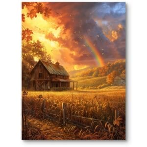 Obraz do salonu klasyczny krajobraz wiejski z tęczą realizm pomarańczowo-żółty