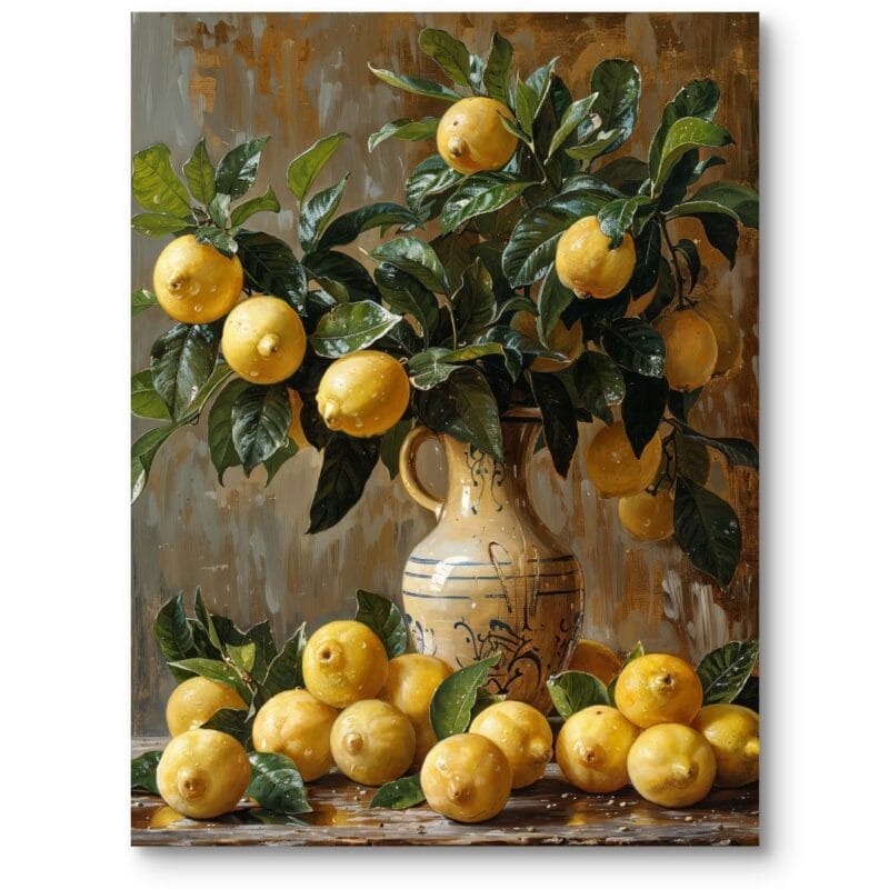 Obraz do salonu klasyczny martwa natura z cytrynami i wazonem realistyczny żółto-zielony