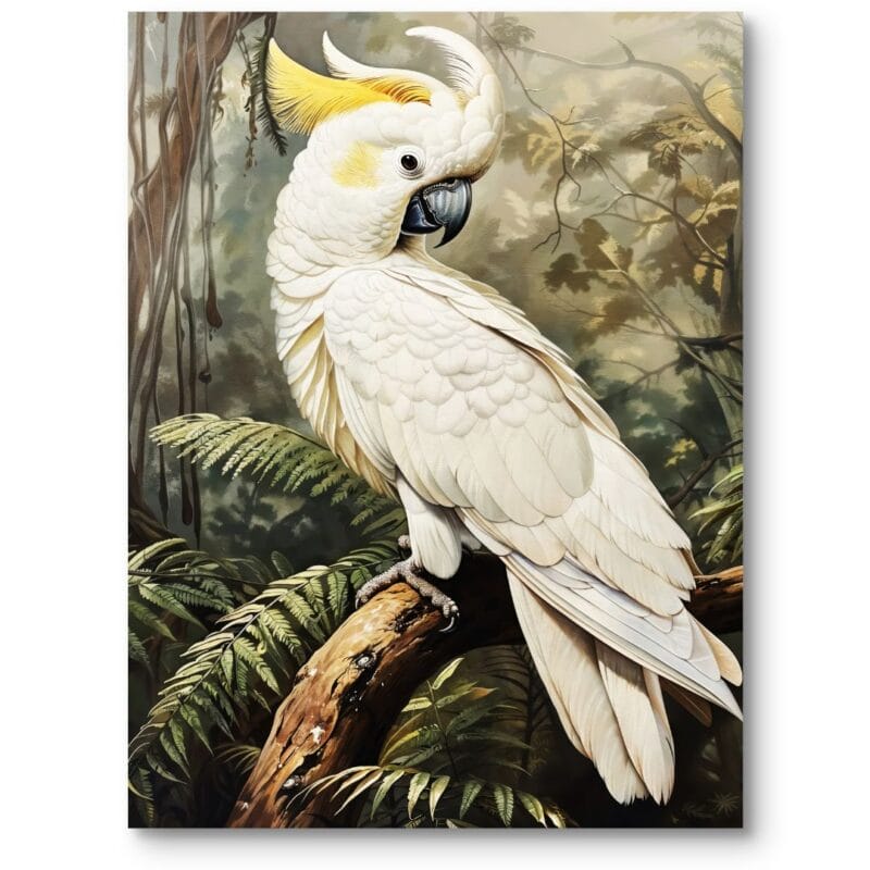 Obraz do salonu klasyczny papuga kakadu natura las biało-zielony Obraz do salonu klasyczny papuga kakadu natura las biało-zielony