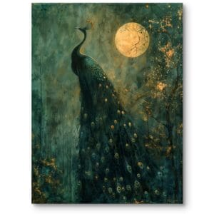 Obraz do salonu klasyczny paw na tle pełni księżyca zielono-złoty