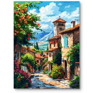 Obraz do salonu klasyczny Prowansalska uliczka wśród kwiatów impresjonistyczny niebiesko-zielony