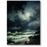 Obraz do salonu klasyczny w stylu marinizmu burzliwe morze z księżycem ciemnoniebiesko-czarny