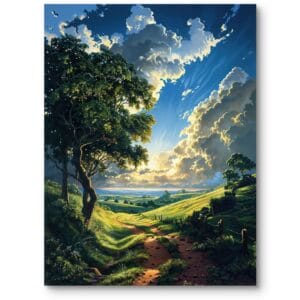Obraz do salonu klasyczny wiejski pejzaż realistyczny zielono-błękitny