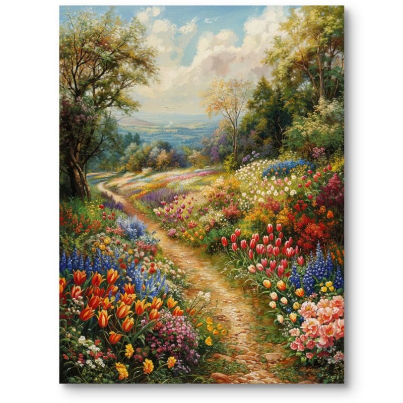 Obraz do salonu klasyczny wiosenny krajobraz z łąką olej na płótnie zielono-niebiesko-czerwony