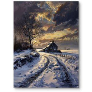 Obraz do salonu klasyczny zimowy krajobraz z wiejskim domem realistyczny biało-niebieski