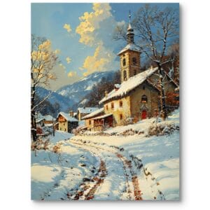 Obraz do salonu klasyczny zimowy pejzaż z kościołem biało-niebieski