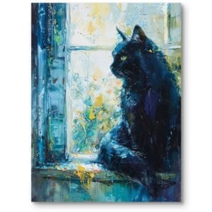 Obraz do salonu kot czarny widok z okna impresjonistyczny niebiesko-żółty