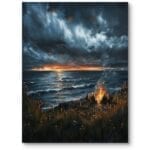 Obraz do salonu krajobraz i widoki morze z ogniskiem realistyczny granatowo-pomarańczowy