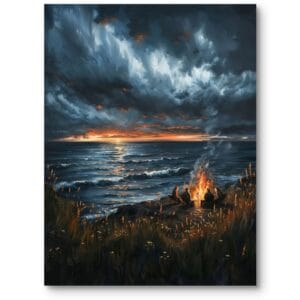 Obraz do salonu krajobraz i widoki morze z ogniskiem realistyczny granatowo-pomarańczowy