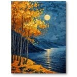 Obraz do salonu krajobraz jezioro jesienne drzewa pełnia księżyca impresjonizm niebiesko-żółty Obraz do salonu krajobraz jezioro jesienne drzewa pełnia księżyca impresjonizm niebiesko-żółty