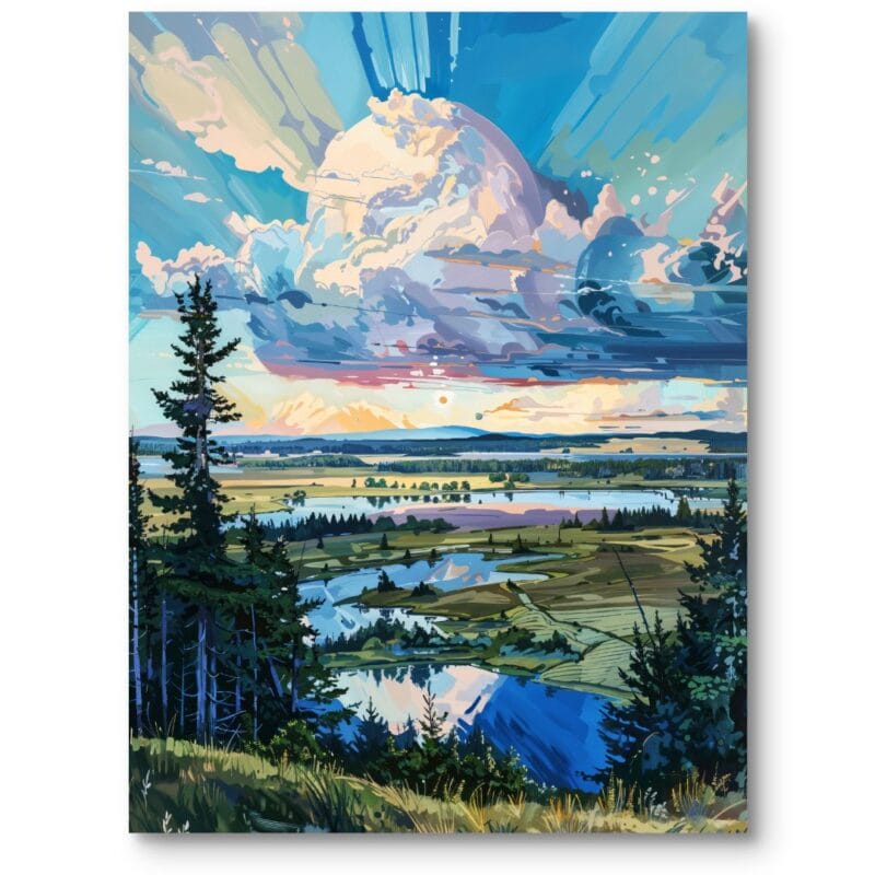 Obraz do salonu krajobraz jezioro z chmurami impresjonizm niebiesko-zielony