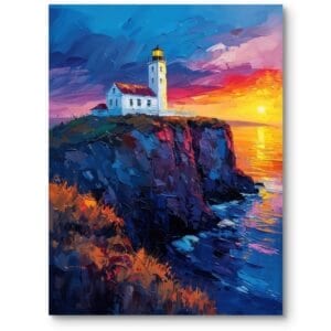 Obraz do salonu krajobraz latarnia morska zachód słońca impresjonizm niebiesko-pomarańczowy