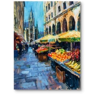 Obraz do salonu krajobraz miejski z targowiskiem impresjonizm niebiesko-żółty