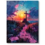 Obraz do salonu krajobrazy pejzaże widoki zachód słońca krzyż różowo-niebieski impresjonistyczny Obraz do salonu krajobrazy pejzaże widoki zachód słońca krzyż różowo-niebieski impresjonistyczny