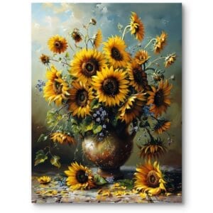 Obraz do salonu kuchni jadalni natura kwiaty słoneczniki realizm żółto-zielony