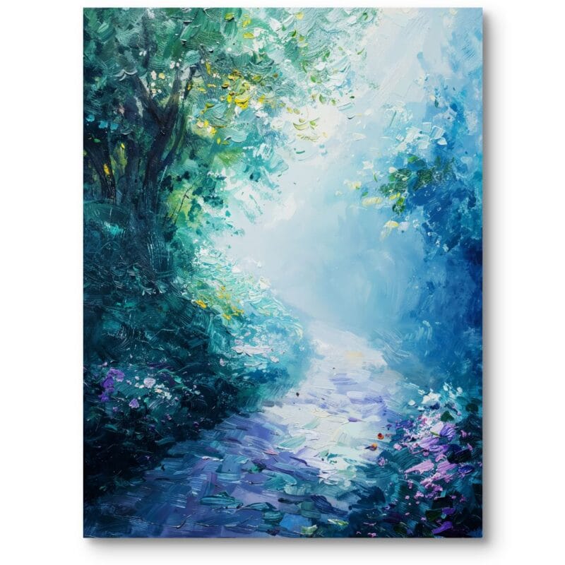 Obraz do salonu las pejzaż leśna ścieżka impresjonizm zielono-niebieski