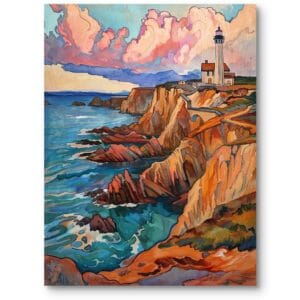 Obraz do salonu latarnia morska na klifie zachód słońca impresjonizm pomarańczowo-niebieski