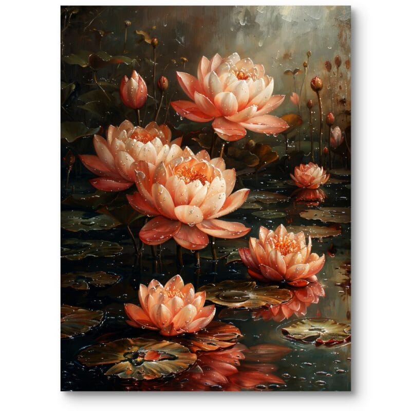 Obraz do salonu lilie wodne na stawie realistyczny pomarańczowo-zielony