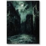 Obraz do salonu loft nocna uliczka z księżycem w pełni fotorealizm ciemnozielono-czarno-biały