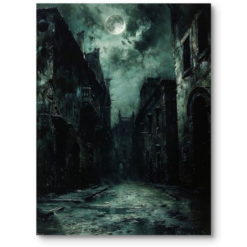 Obraz do salonu loft nocna uliczka z księżycem w pełni fotorealizm ciemnozielono-czarno-biały