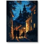 Obraz do salonu loft wieczorny spacer w mieście impresjonistyczny pomarańczowo-niebieski