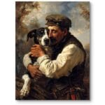 Obraz do salonu lub gabinetu portret starszego mężczyzny z psem w wiejskiej scenerii realizm ciepłe tony brązowo-biało-czarny