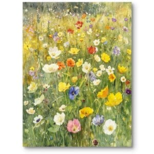 Obraz do salonu lub sypialni rustykalny łąka pełna kwiatów zielono-żółty impresjonizm