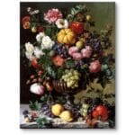 Obraz do salonu martwa natura kwiaty i owoce realistyczny zielono-żółty Obraz do salonu martwa natura kwiaty i owoce realistyczny zielono-żółty