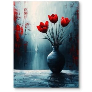 Obraz do salonu martwa natura kwiaty tulipany elegancki czerwona-niebieska kolorystyka