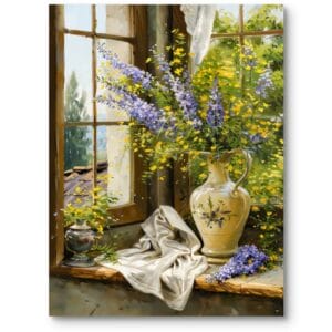 Obraz do salonu martwa natura kwiaty wazon realistyczny zielono-żółty