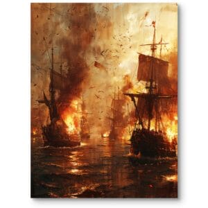 Obraz do salonu marynistyczny bitwa morska dramatyczny pomarańczowo-brunatny