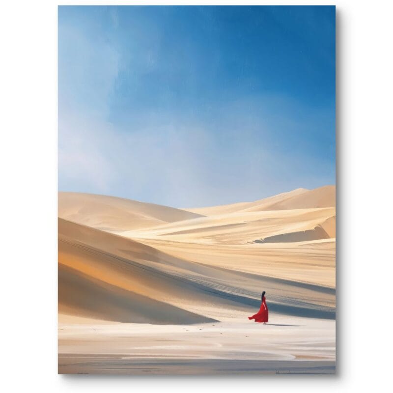 Obraz do salonu minimalistyczny krajobraz pustynny z człowiekiem niebiesko-beżowy