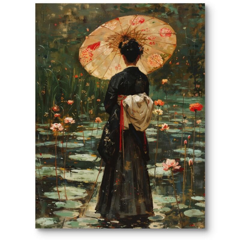 Obraz do salonu nad kanapą w salonie kobieta z parasolką lilie wodne realizm zielono-różowy