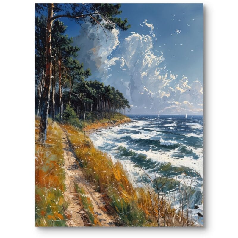 Obraz do salonu nadmorski krajobraz z piaszczystą ścieżką impresjonizm biało-niebieski