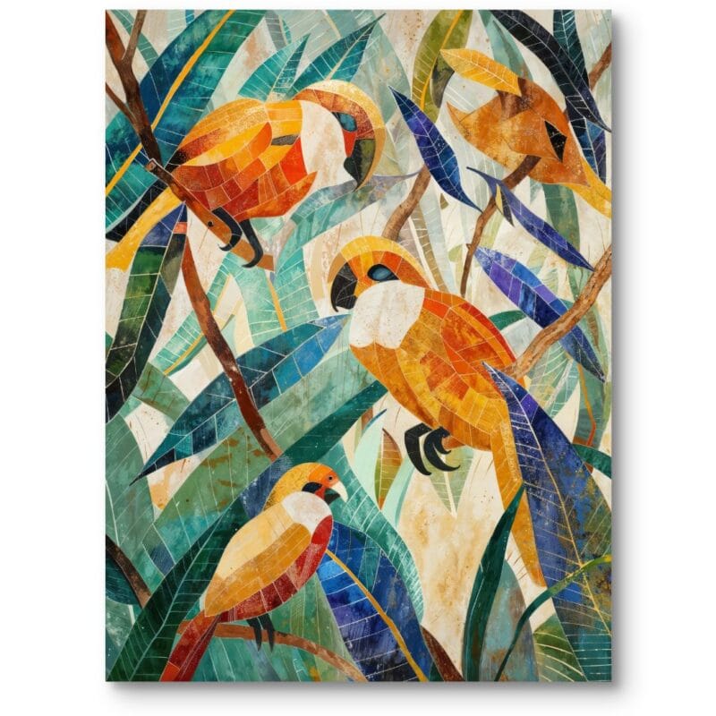 Obraz do salonu natura ptaki w dżungli abstrakcja pomarańczowo-zielony