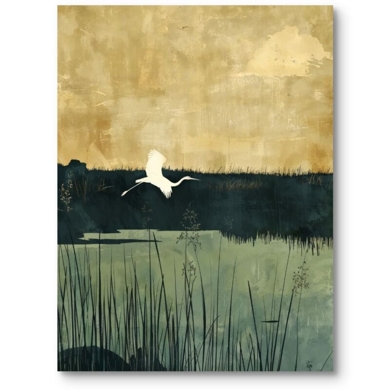 Obraz do salonu naturalizm jeziora z ptakiem zielono-żółty