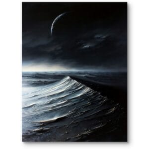Obraz do salonu noc morze z księżycem i falami nowoczesny czarno-biało-niebieski