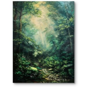 Obraz do salonu nordyckiego krajobrazy pejzaże i widoki las z potokiem zielono-żółty