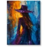 Obraz do salonu nowoczesny abstrakcja kobieta w kapeluszu pomarańczowo-niebieski
