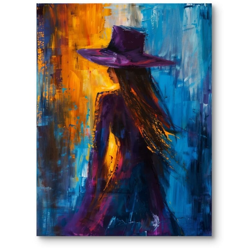 Obraz do salonu nowoczesny abstrakcja kobieta w kapeluszu pomarańczowo-niebieski