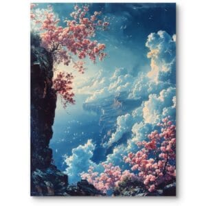 Obraz do salonu nowoczesny góry kwitnące drzewa realistyczny różowo-błękitny