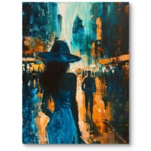 Obraz do salonu nowoczesny kobieta w kapeluszu nocne miasto impresjonizm niebiesko-pomarańczowy