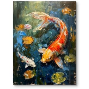 Obraz do salonu nowoczesny koi w stawie natury niebiesko-pomarańczowy