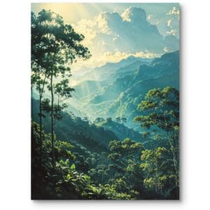 Obraz do salonu nowoczesny krajobraz górski las relaksacyjny zielono-niebieski