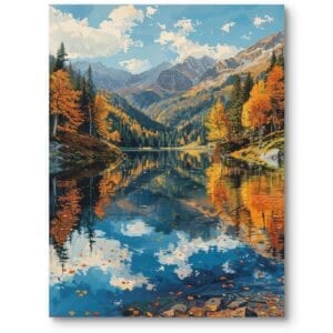 Obraz do salonu nowoczesny krajobraz góry jezioro jesień niebiesko-pomarańczowy