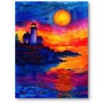 Obraz do salonu nowoczesny latarnia morska zachód słońca morze impresjonizm pomarańczowo-niebieski Obraz do salonu nowoczesny latarnia morska zachód słońca morze impresjonizm pomarańczowo-niebieski